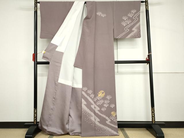 平和屋着物●訪問着 駒刺繍 絞り 飛鶴雪輪松文 金糸 正絹 逸品 AABH7791cs