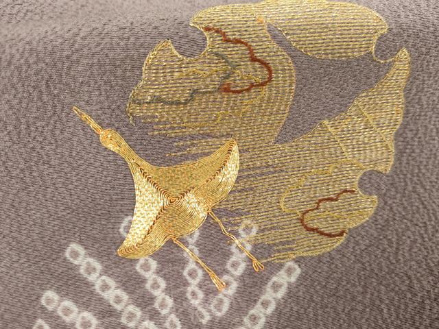 平和屋着物●訪問着 駒刺繍 絞り 飛鶴雪輪松文 金糸 正絹 逸品 AABH7791cs