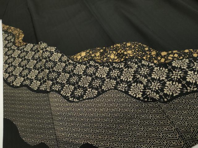 平和屋着物●訪問着 花格子 黒地 金彩 正絹 逸品 AABH7795cs