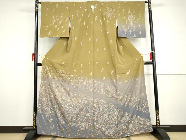 平和屋着物●訪問着 総刺繍 更紗洋花文 暈し染め 金糸 正絹 逸品 未使用 AABH7797cs
