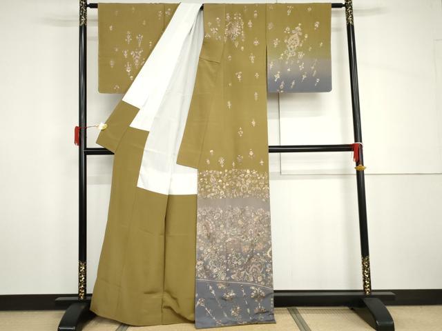 平和屋着物●訪問着 総刺繍 更紗洋花文 暈し染め 金糸 正絹 逸品 未使用 AABH7797cs