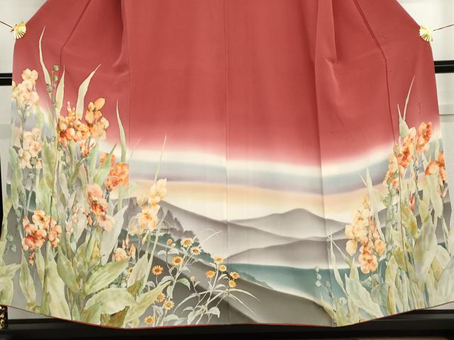 平和屋着物●手描友禅女流作家 一色生子 訪問着 手描き 風景枝花文 暈し染め 正絹 逸品 AABH7800cs