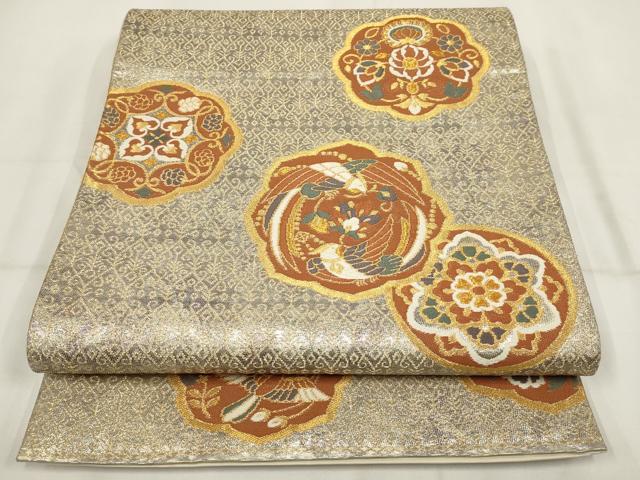 平和屋着物▼六通柄袋帯 花鳥丸文 金糸 正絹 逸品 AABH7812wj