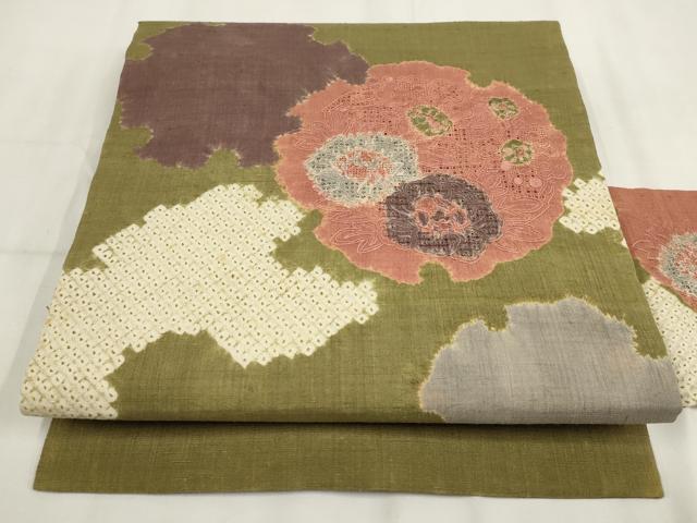 平和屋着物▼中国三大刺繍 汕頭刺繍 スワトウ刺繍 九寸名古屋帯 紬地 絞り 雪輪花文 正絹 逸品 AABH7841wj