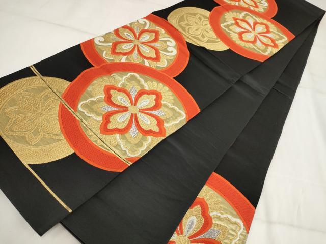 平和屋着物◎西陣 六通柄袋帯 唐織 花丸文 黒地 金銀糸 証紙付き 正絹 逸品 AABH7946wj