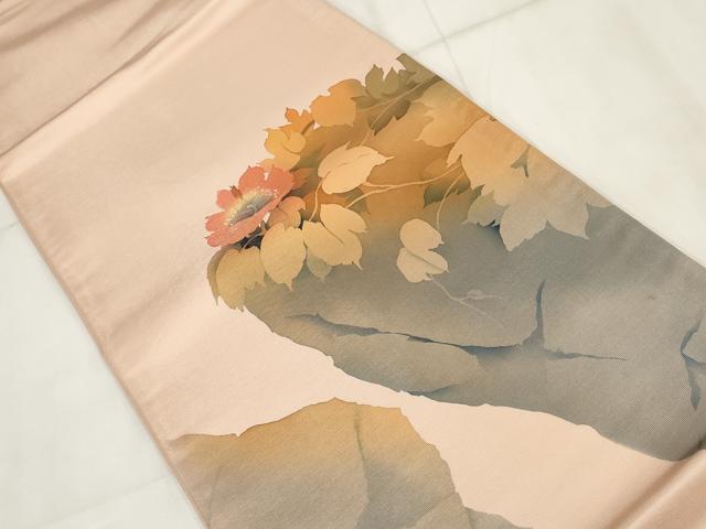 平和屋着物◎太鼓柄袋帯 作家物 手描き 草花文 正絹 逸品 AABH8092wj