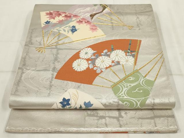 平和屋着物◎太鼓柄袋帯 唐織 扇面花文 金糸 正絹 逸品 AABH8103wj