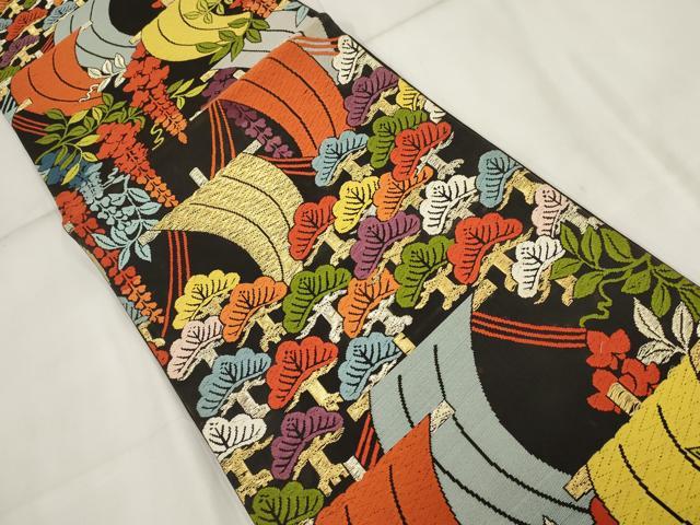 平和屋着物◎六通柄袋帯 唐織 枝垂れ花文 松 黒地 金銀糸 正絹 逸品 AABH8108wj