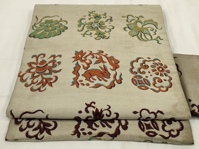 平和屋着物◎九寸名古屋帯 草花文 金糸 正絹 逸品 AABH8138wj