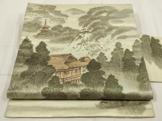 平和屋着物◎九寸名古屋帯 遠山風景樹林文 金銀糸 正絹 逸品 AABH8148wj