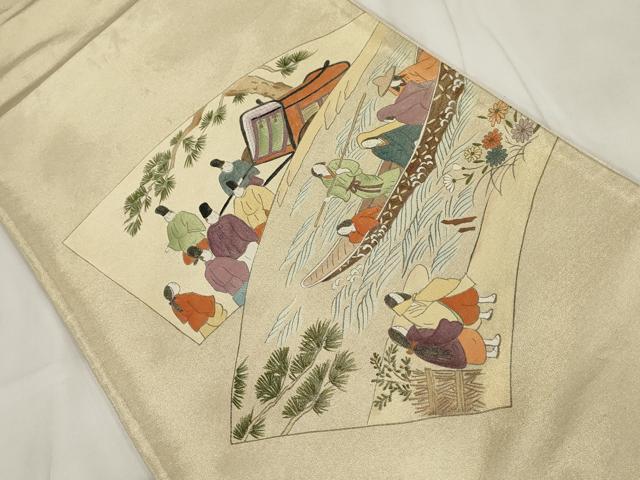 平和屋着物◎太鼓柄袋帯 手描き 地紙人物風景文 金糸 正絹 逸品 AABH8160wj