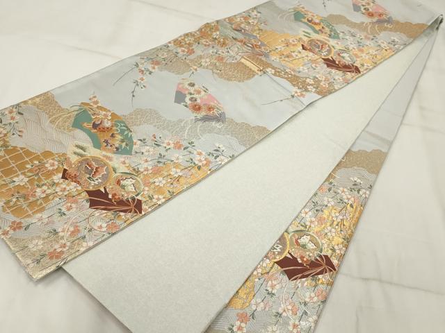 平和屋着物▼六通柄袋帯 地紙花蝶文 金銀糸 正絹 逸品 AABH8161wj