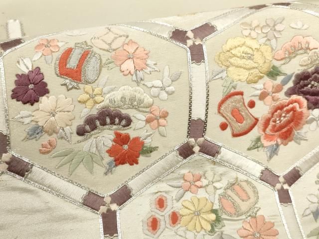平和屋着物▼西陣 総刺繍 袋帯 亀甲花文 銀糸 証紙付き 正絹 逸品 AABH8171wj