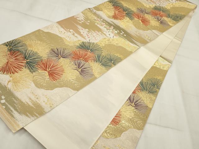 平和屋着物▼六通柄袋帯 道長流水花文 金糸 正絹 逸品 AABH8197wj