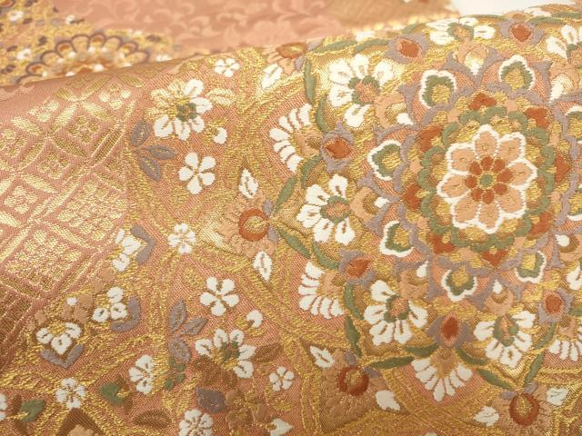 平和屋着物▼六通柄袋帯 唐織 道長吉祥花文 金糸 正絹 逸品 AABH8201wj