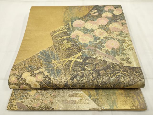 平和屋着物▼六通柄袋帯 切嵌花文 花彩時季 金糸 正絹 逸品 AABH8209wj