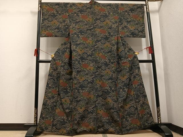 平和屋着物●上質な小紋 紬地 型染め 松竹梅草花文 正絹 逸品 AABH8255ph