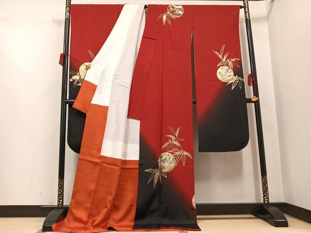 平和屋着物●豪華振袖 松竹梅飛鶴毬文 暈し染め 金彩 金通し地 ロング丈 正絹 逸品 AABH8262ph