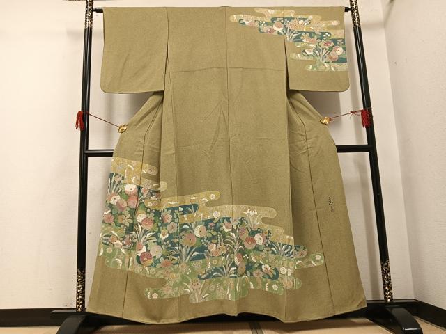 平和屋着物●京友禅の第一人者 松井青々 訪問着 駒刺繍 エ霞草花文 金彩 正絹 逸品 AABH8301ph