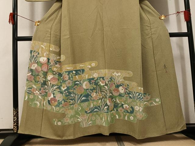 平和屋着物●京友禅の第一人者 松井青々 訪問着 駒刺繍 エ霞草花文 金彩 正絹 逸品 AABH8301ph