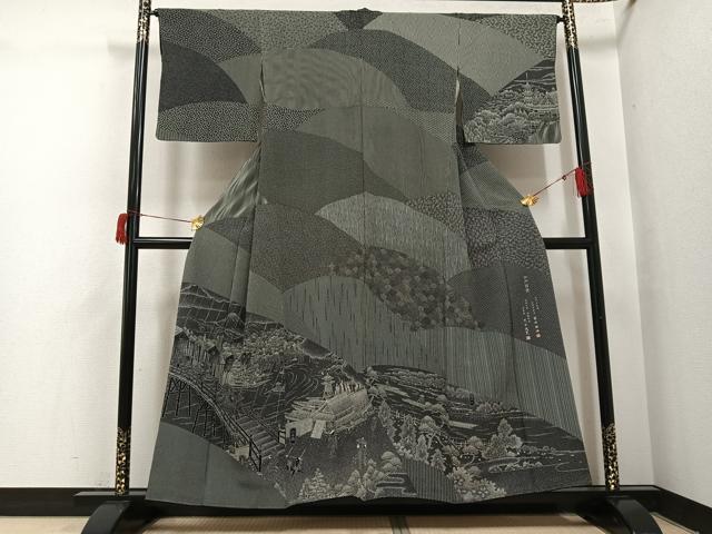 平和屋着物●伝統工芸士 染谷梅治 彫刻師:太田茂夫 江戸小紋 訪問着 江戸百景 黒地 さが美扱い 正絹 逸品 AABH8302ph