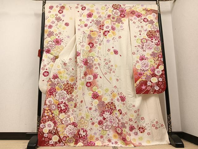 平和屋着物●豪華振袖 刺繍 花蝶文 銀彩 銀通し地 正絹 逸品 AABH8306ph