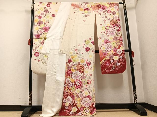 平和屋着物●豪華振袖 刺繍 花蝶文 銀彩 銀通し地 正絹 逸品 AABH8306ph