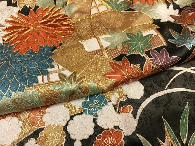 平和屋着物●豪華振袖 駒刺繍 風景草花文 黒地 金彩 正絹 逸品 AABH8332ph