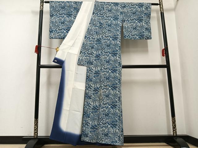 平和屋着物●上質な小紋 本藍 型染め 草花文 三越扱い 正絹 逸品 AABH8341ph
