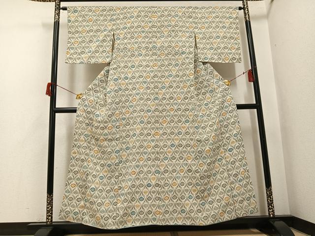 平和屋着物●上質な小紋 型染め 丁字 立涌花文 鬼しぼ縮緬 三越扱い 正絹 逸品 AABH8343ph