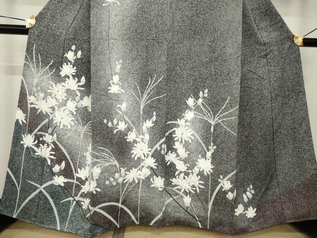 平和屋着物●訪問着 菊 たたき染め 黒地 正絹 逸品 AABH8404ck