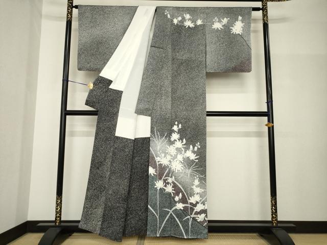平和屋着物●訪問着 菊 たたき染め 黒地 正絹 逸品 AABH8404ck
