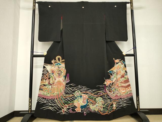 平和屋着物●アンティーク 大正ロマン 黒留袖 宝船 金彩 正絹 逸品 AABH8406ck
