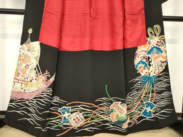 平和屋着物●アンティーク 大正ロマン 黒留袖 宝船 金彩 正絹 逸品 AABH8406ck