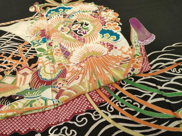 平和屋着物●アンティーク 大正ロマン 黒留袖 宝船 金彩 正絹 逸品 AABH8406ck