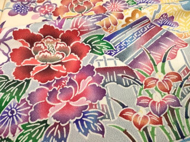 平和屋着物●豪華振袖 型染め 流水風景花文 正絹 逸品 AABH8408ck