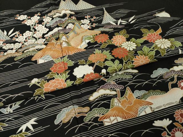 平和屋着物●豪華黒留袖 友禅 駒刺繍 風景花文 正絹 逸品 AABH8412ck
