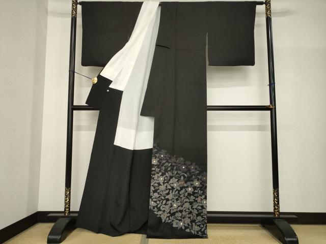 平和屋着物●創業460年・千總 訪問着 椿 黒地 金彩 正絹 逸品 AABH8414ck