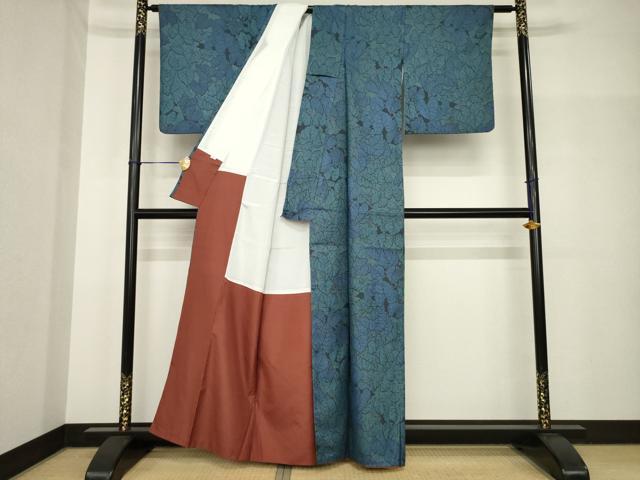 平和屋着物●上質な小紋 紬地 葉尽くし 正絹 逸品 AABH8425ck