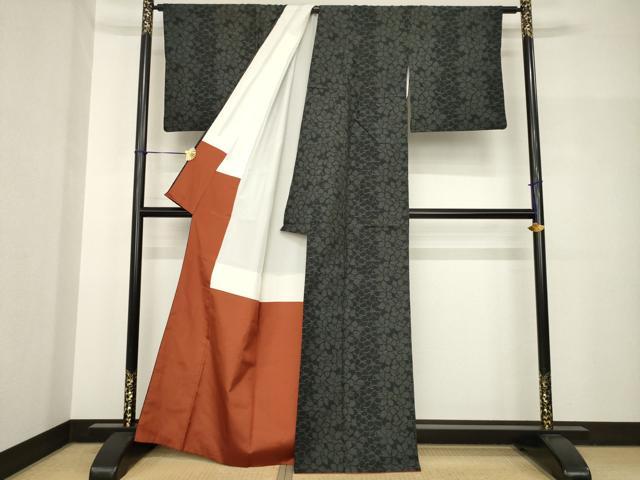 平和屋着物●結城紬 100亀甲 花尽くし間道 正絹 逸品 AABH8435ck