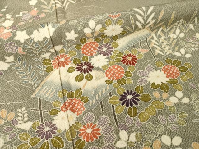 平和屋着物●訪問着 友禅 風景花文 鬼しぼ縮緬 正絹 逸品 AABH8453ck