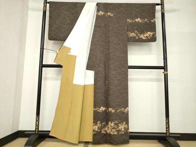 平和屋着物●訪問着 紬地 芝花文 金彩 正絹 逸品 AABH8464ck