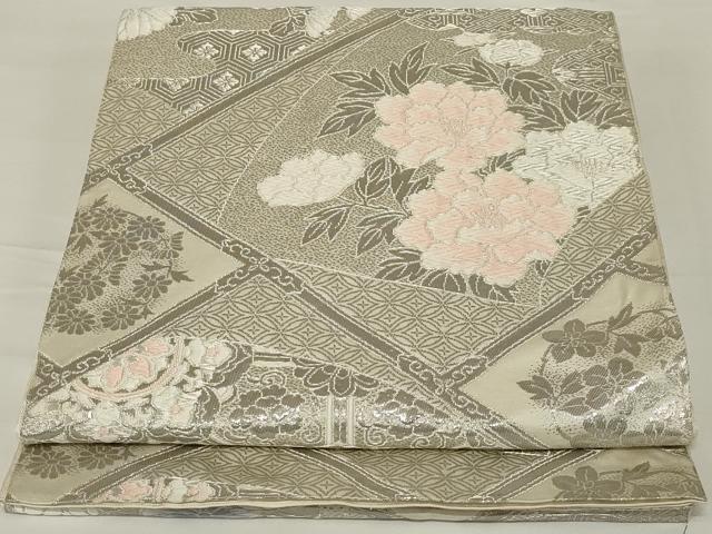 平和屋着物◎六通柄 本袋帯 唐織 地紙花文 銀糸 正絹 逸品 AABH8484ou