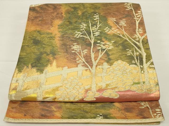 平和屋着物◎六通柄袋帯 風景文 金糸 正絹 逸品 AABH8489ou