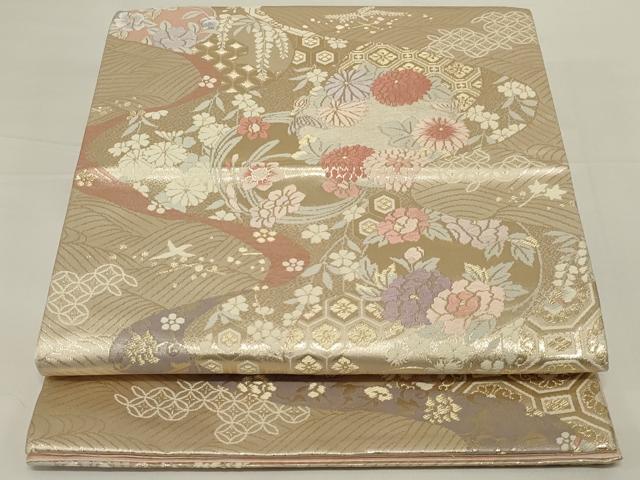 平和屋着物◎六通柄袋帯 唐織 流水花丸文 金糸 正絹 逸品 未使用 AABH8497ou