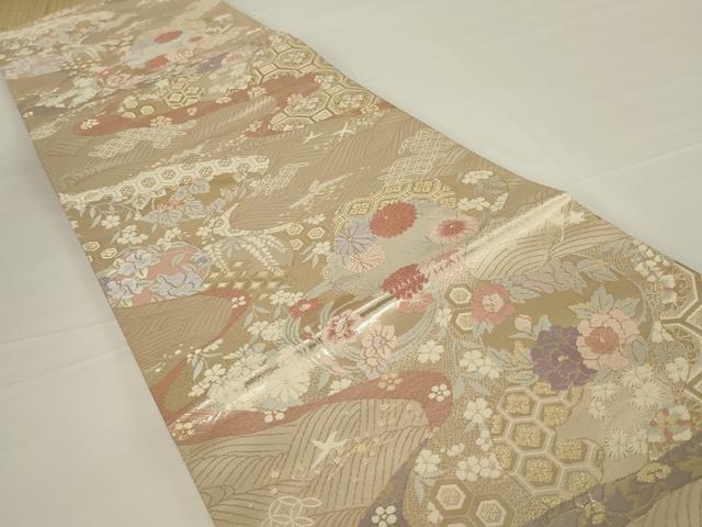 平和屋着物◎六通柄袋帯 唐織 流水花丸文 金糸 正絹 逸品 未使用 AABH8497ou