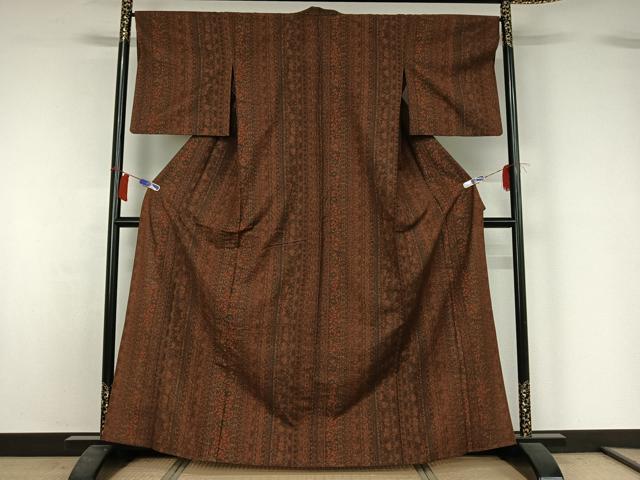 平和屋着物▽上質な小紋 単衣 紬地 更紗花間道 正絹 逸品 AABH8578jh