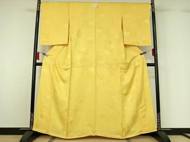 平和屋着物▽上質な色無地 単衣 枝葉地紋 黄支子色 正絹 逸品 AABH8586jh