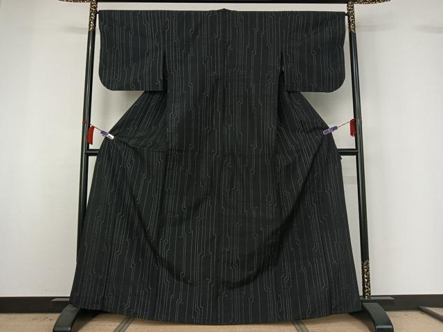 平和屋着物▽薩摩結城 単衣 変わり縞 黒地 正絹 逸品 AABH8599jh