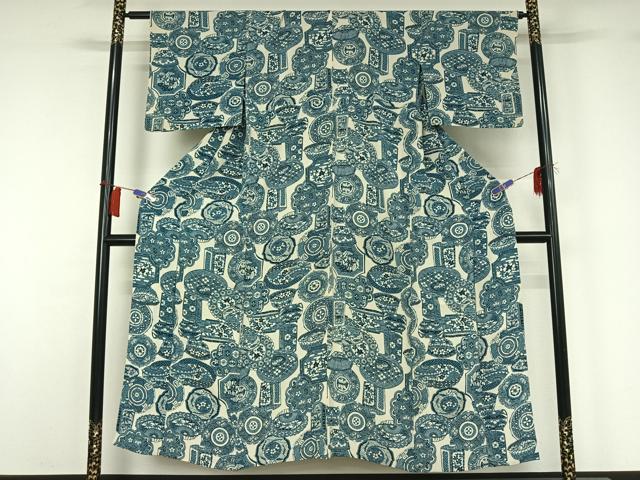 平和屋着物▽上質な小紋 単衣 藍 型染め 陶器花文 鬼しぼ縮緬 正絹 逸品 AABH8621jh